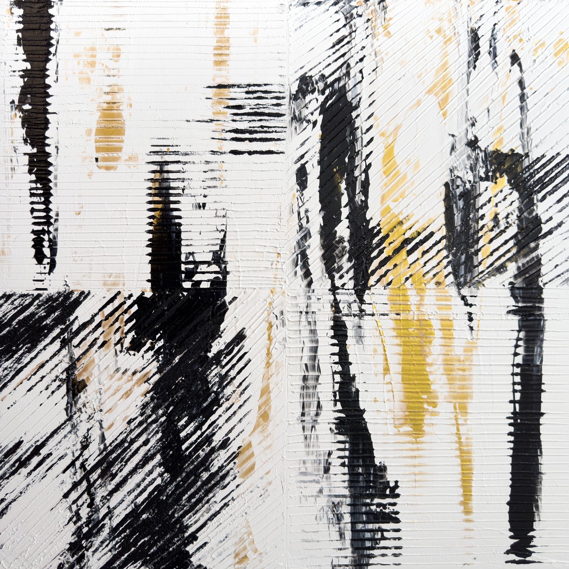 Canvas measures 20x20 inches and features an acrylic-based abstract painting. Color is white, black and gold.