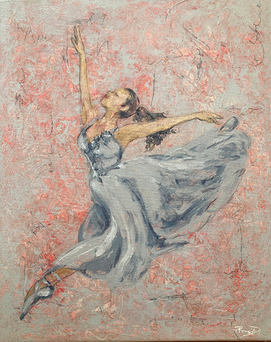 Original acrylic mixed media painting on canvas. 16x20. Ballerina  with grey dress on a textured grey and red background.