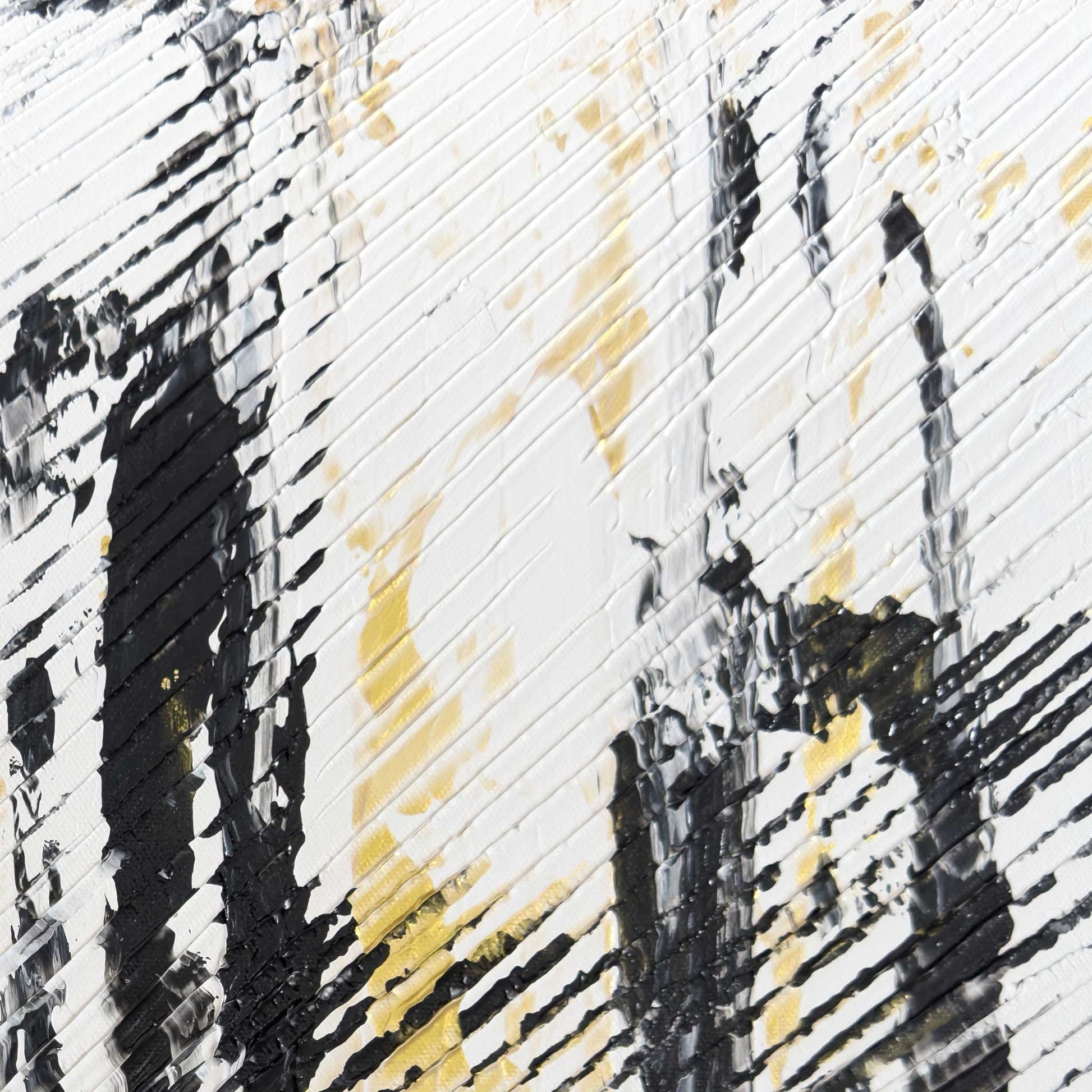 Canvas measures 20x20 inches and features an acrylic-based abstract painting. Color is white, black and gold. Detailed image.