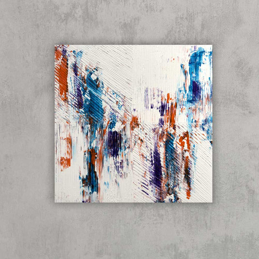 Canvas measures 20x20 inches and features an acrylic-based abstract painting. Color is white, blue, purple and red. Shown on a grey wall.