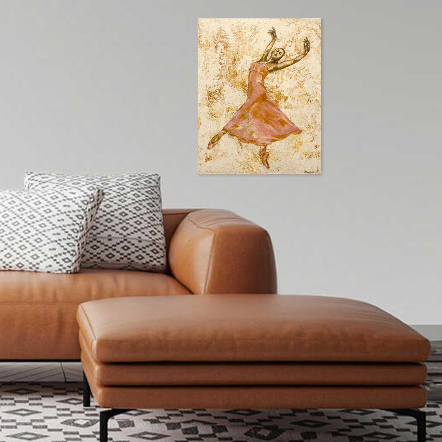 Original acrylic mixed media painting on canvas. 16x20. Ballerina  with pink dress on a textured golden background. Shown on a wall in a room.