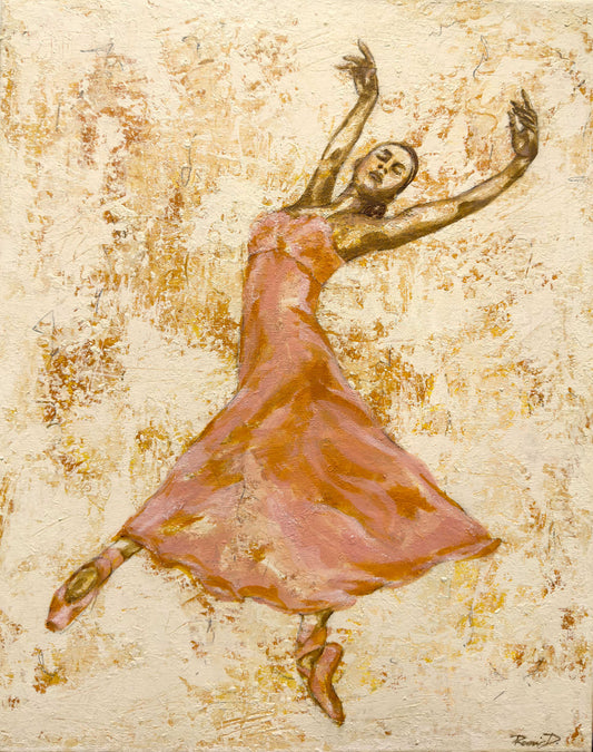 Original acrylic mixed media painting on canvas. 16x20. Ballerina  with pink dress on a textured golden background.