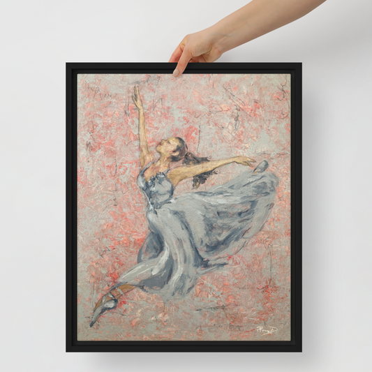 A gicléé print of an original acrylic mixed media painting on canvas. 16x20. Ballerina with a grey dress on a textured grey and red background. Shown in a black frame with a hand holding the framed art.